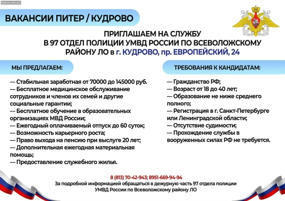Набор сотрудников в 97 отдел полиции в Кудрово